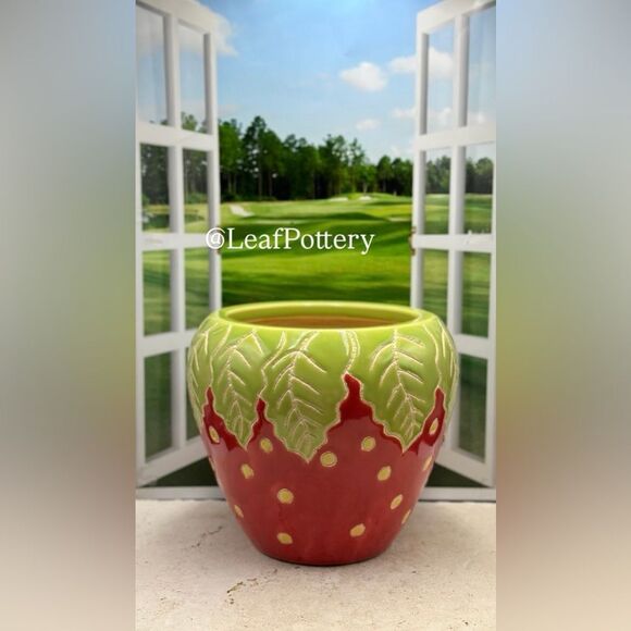 Strawberry (LG) Handcrafted Red/Green/Yellow Ceramic Planter Pot - Picture 6 of 9